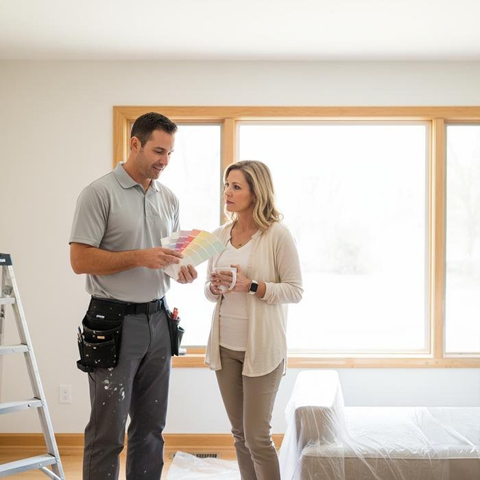 Professional reviewing paint colors with a homeowner